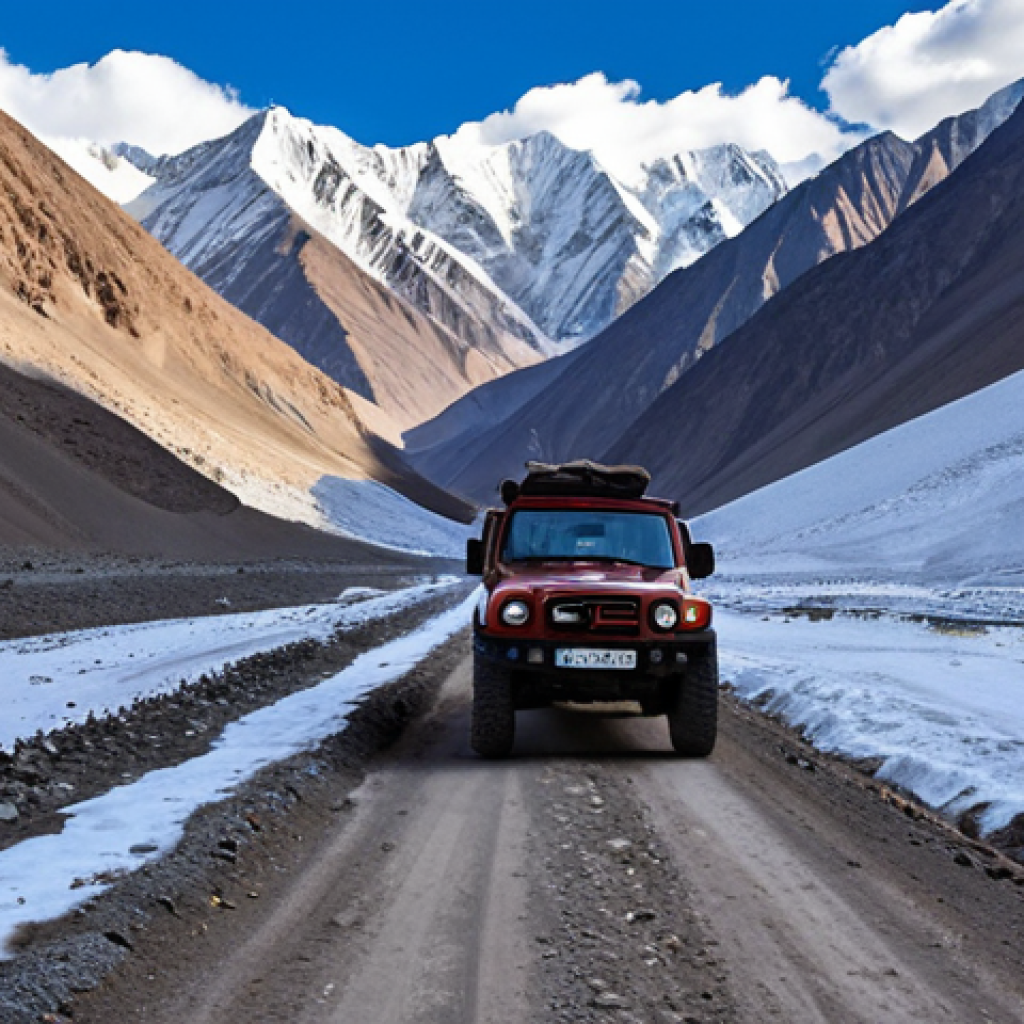 A majestic wide-angle shot of the Pamir Highway (M41) winding through rugged, snow-capped mountains under an impossibly deep blue sky. A robust 4x4 vehicle is navigating a challenging dirt road, emphasizing the sense of adventure, solitude, and immense scale. The landscape is raw and untouched, conveying breathtaking grandeur. The scene captures the high-altitude, serene beauty described in the text. Cinematic lighting, ultra-realistic, epic.