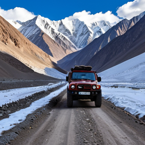 Home 11 A majestic wide-angle shot of the Pamir Highway (M41) winding through rugged, snow-capped mountains under an impossibly deep blue sky. A robust 4x4 vehicle is navigating a challenging dirt road, emphasizing the sense of adventure, solitude, and immense scale. The landscape is raw and untouched, conveying breathtaking grandeur. The scene captures the high-altitude, serene beauty described in the text. Cinematic lighting, ultra-realistic, epic.