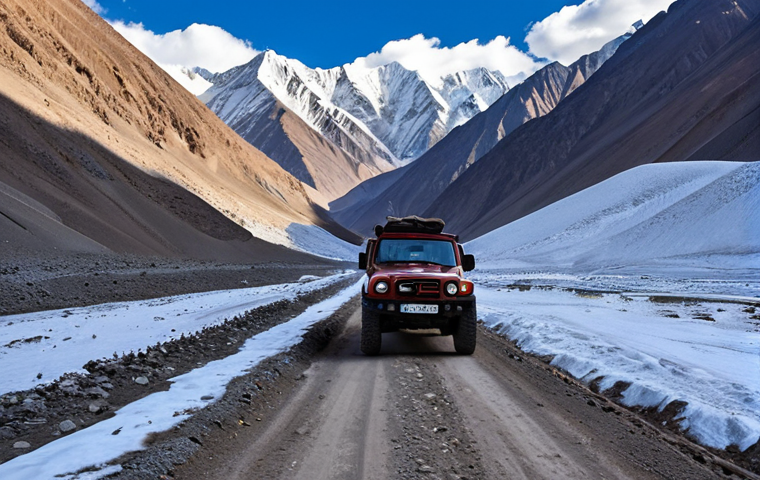 A majestic wide-angle shot of the Pamir Highway (M41) winding through rugged, snow-capped mountains under an impossibly deep blue sky. A robust 4x4 vehicle is navigating a challenging dirt road, emphasizing the sense of adventure, solitude, and immense scale. The landscape is raw and untouched, conveying breathtaking grandeur. The scene captures the high-altitude, serene beauty described in the text. Cinematic lighting, ultra-realistic, epic.