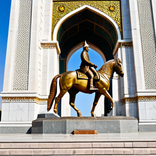 Home 6 A majestic, high-resolution architectural photograph of the Ismail Somoni Monument in Dushanbe. The towering bronze equestrian statue of Ismail Somoni stands atop a grand, ornate stone pedestal adorned with intricate bas-reliefs depicting historical and cultural scenes. A prominent golden arch elegantly crowns the monument. The setting is Rudaki Park, with lush, well-maintained gardens and blooming flowers under a clear, serene morning sky, bathed in soft, natural light. Professional photography, epic scale, high detail, vibrant colors, safe for work, appropriate content, family-friendly.
