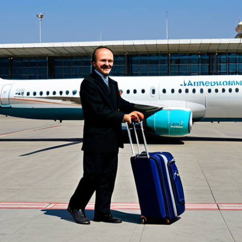 Arrival Scene**

"A fully clothed traveler in appropriate attire disembarking from an airplane at Dushanbe International Airport, smiling and carrying a small travel bag, bright daylight, airport terminal in the background, safe for work, family-friendly, professional photography, perfect anatomy, correct proportions, natural pose, well-formed hands, proper finger count, natural body proportions, fully clothed, modest clothing, appropriate content."

**