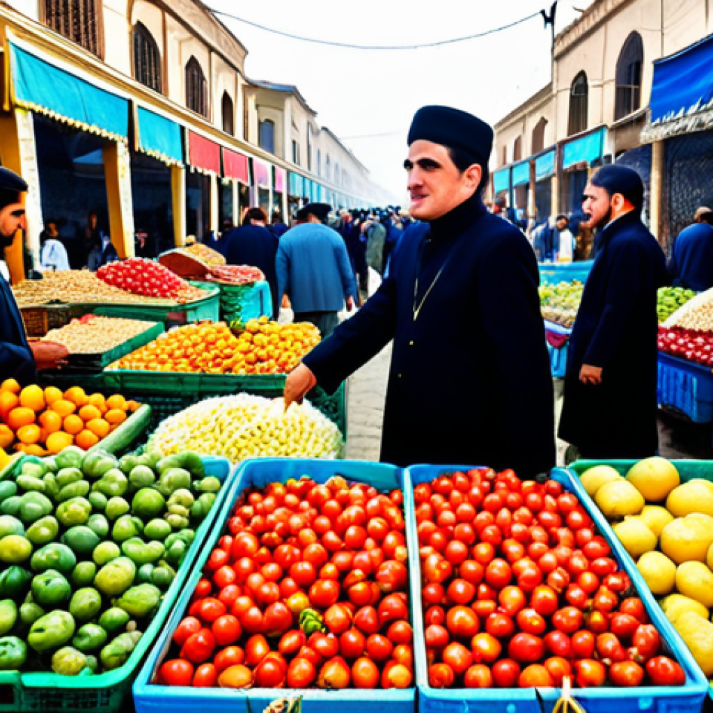 The Bustling Bazaar**
"A vibrant scene inside the Mehrgon Bazaar in Dushanbe, Tajikistan. Vendors are selling colorful fruits, vegetables, spices, and textiles. People are dressed in modest, traditional clothing. The atmosphere is lively and crowded. Fully clothed, appropriate attire, safe for work, professional photography, perfect anatomy, natural proportions, family-friendly."
**