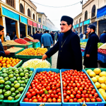 The Bustling Bazaar**

"A vibrant scene inside the Mehrgon Bazaar in Dushanbe, Tajikistan. Vendors are selling colorful fruits, vegetables, spices, and textiles. People are dressed in modest, traditional clothing. The atmosphere is lively and crowded. Fully clothed, appropriate attire, safe for work, professional photography, perfect anatomy, natural proportions, family-friendly."

**