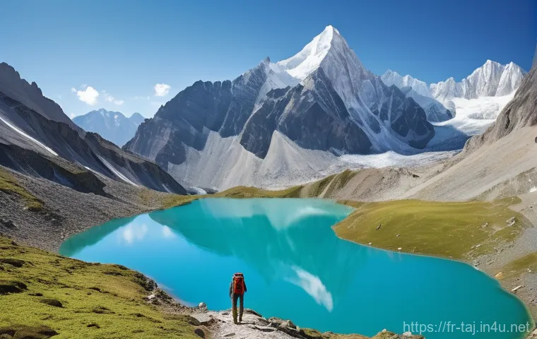타지키스탄의 인기 트레킹 코스 - **A lone trekker standing on a winding path overlooking the majestic Fann Mountains. In the foregrou...