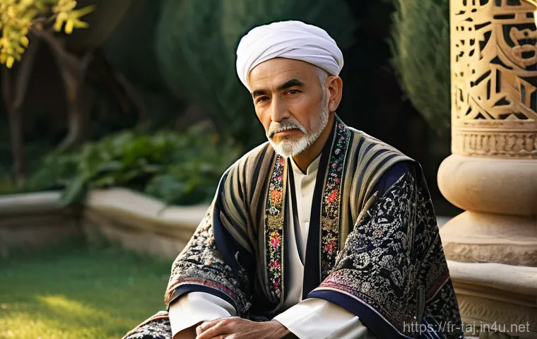 타지키스탄의 유명한 문학 작품 - Le Chant des Anciens: Rudaki in a Samanid Garden**

A serene, wise, elderly male poet, embodying the...