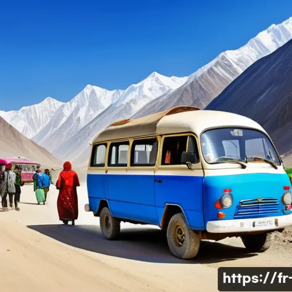 타지키스탄 여행 경비 - A vibrant street scene in a Tajikistan mountain village showing a colorful marshrutka minibus parked...