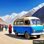 타지키스탄 여행 경비 - A vibrant street scene in a Tajikistan mountain village showing a colorful marshrutka minibus parked...