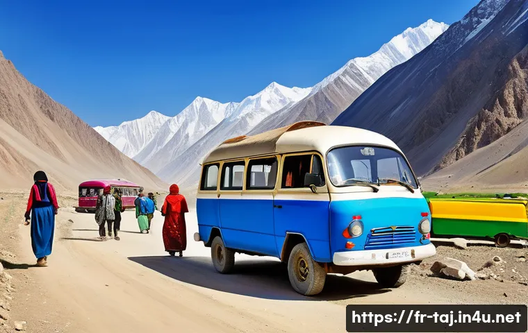 타지키스탄 여행 경비 - A vibrant street scene in a Tajikistan mountain village showing a colorful marshrutka minibus parked...
