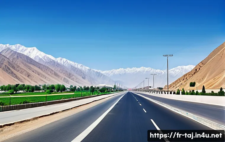 타지키스탄 중국 관계 - A bustling modern highway connecting Dushanbe and Khujand in Tajikistan, showcasing smooth multi-lan...