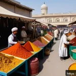 두샨베 시장 탐방 - A vibrant and bustling traditional market scene in Dushanbe, Tajikistan, filled with colorful spice ...