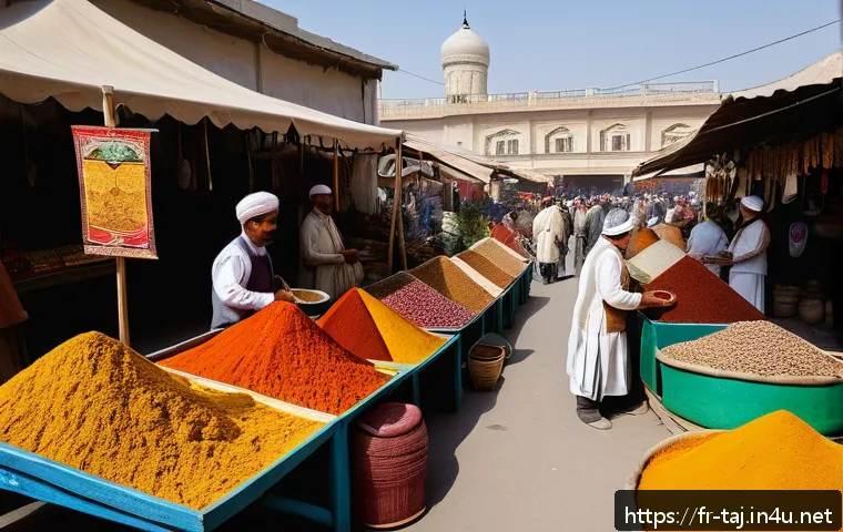 두샨베 시장 탐방 - A vibrant and bustling traditional market scene in Dushanbe, Tajikistan, filled with colorful spice ...